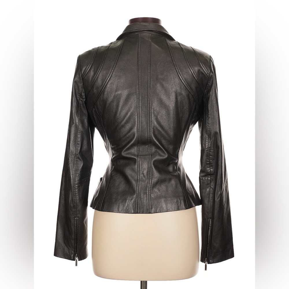 Cache Lamb Leather Jacket Motto Belted Tie 10 Vintage 90s Blazer Fitted Short M - Picture 2 of 10